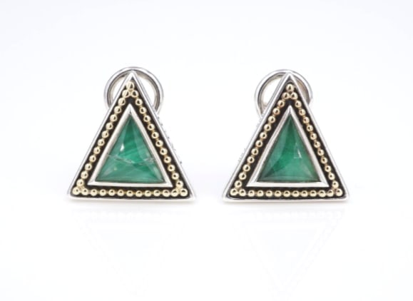 Lagos Malachite Treasure Chest Earrings Sterling Silver 18k Gold Triangle ES2692: From the iconic Treasure Chest collection, this pair of Lagos designer earrings features a large triangular malachite gemstone bezel-set in sterling silver with 18k yellow gold bead accents. They fast