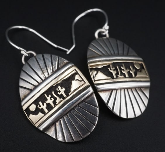 MM Rogers Sterling Silver 14k Gold Dangle Earrings Artisan Desert 1.65" ES2432: These lovely earrings from the MM Rogers design house are crafted of solid sterling silver with a 14k yellow gold overlay displaying a nighttime desert scene. The earrings fasten securely with sterlin