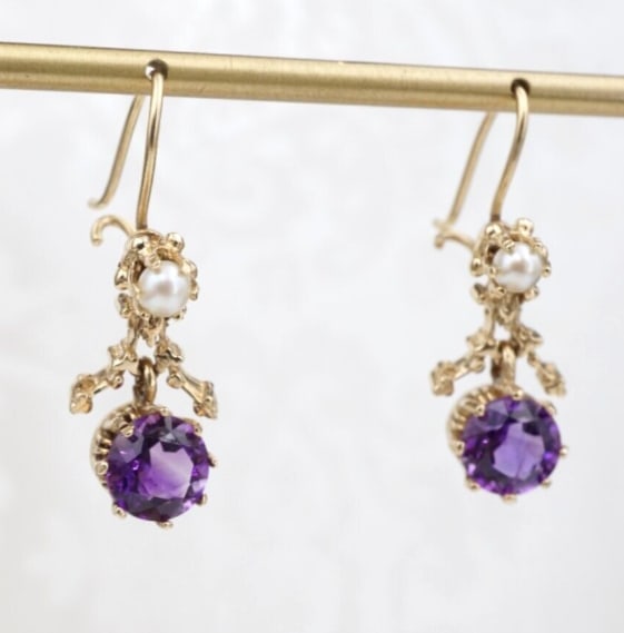 Antique Earrings 14k Yellow Gold Amethyst Pearl Dangle Hook 1.1" Filigree EG2488 (1 of 4)
