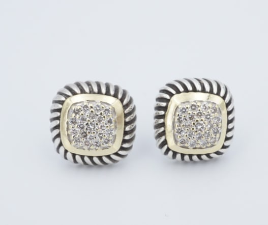David Yurman Pave Diamond Earrings Albion Sterling Silver 18K Gold ES2762: These iconic earrings from designer David Yurman feature a center of pave set white diamonds surrounded by a halo of 18k gold and a cable design crafted in sterling silver. The Albion Collection was D
