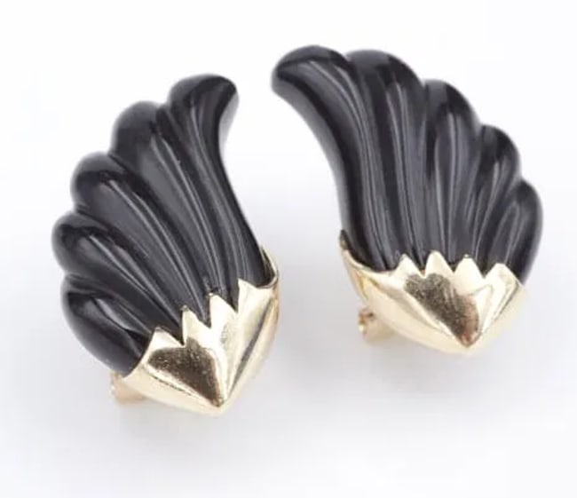 Unique Black Onyx Earrings 14k Yellow Gold 0.9" Carved Wing Feather EG2329: These unique earrings featuring carved black onyx wings set in polished 14k yellow gold giving these earrings a luxe look. The earrings fasten securely with 14k omega backs mask making them a great an