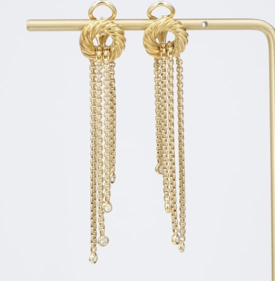 Designer David Yurman 18k Gold Diamond Earrings Dangle Drop Tassel 2.5" EG2418: These luxe earrings by David Yurman feature a fluted wreath adorned with cable tassels with diamond finials adding an element of sparkle. All crafted in 18 karat gold. A perfect addition to any David 