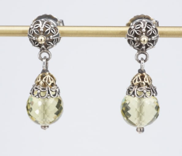 Konstantino Prasiolite Filigree Drop Dangle Sterling Silver 18k Gold 1" ES2690: These beautiful designer Konstantino earrings each feature a briolette cut prasiolite dangling from a domed stud. The detailed filagree work takes inspiration from Athenian opulence. Crafted from soli