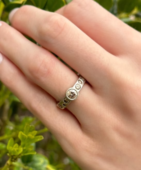 Valerie Fairchild 14k White Gold Champagne Diamond Band Size 6 RG4499: This beautiful ring by Valerie Fairchild features a solid white gold construction design set with natural champagne diamonds. A lovely right-hand ring for yourself or someone you love. Metal Type: 14k