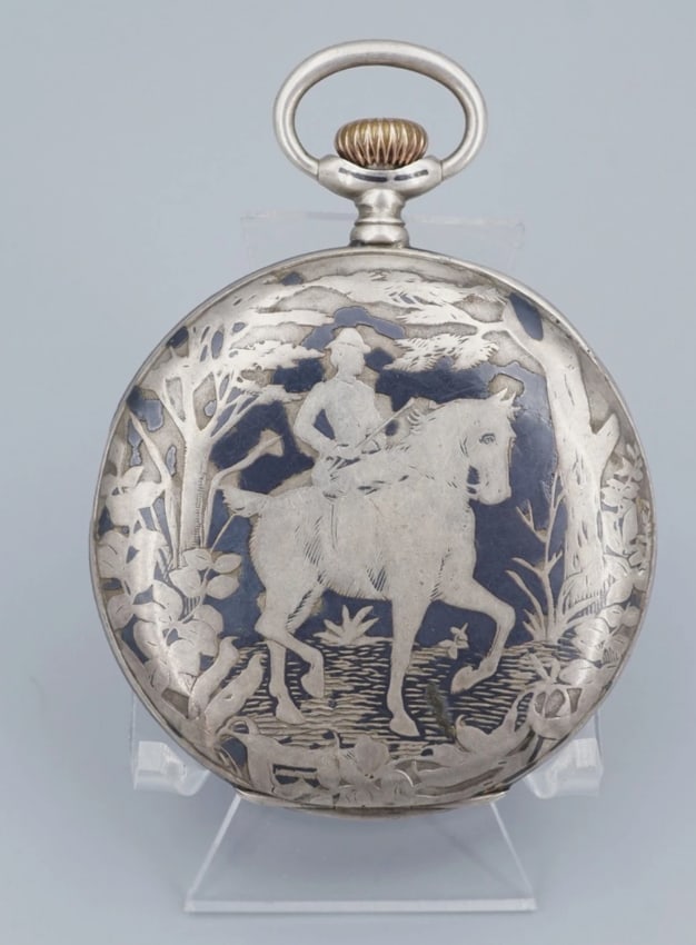 Rare 1919 Longines Niello Pocket Watch Silver Rose Gold Horse Equestrian W1262: A stunning example of early 20th-century Swiss craftsmanship. This 1919 Longines pocket watch features a highly collectible "Niello" (Tula Silver) case adorned with a detailed equestrian scene. The co