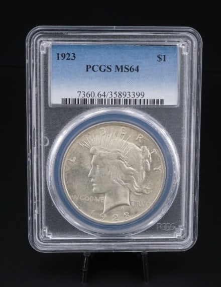 1923 Peace $1 Dollar Silver Dollar Coin PCGS MS64 Sick Luster CN479: Very sought after year. PCGS certified. 1923 only 30,800,000 minted. Metal Type: 90% Silver Stamps: Year- 1923 Philadelphia Mint Condition: MS64 Jewelry Items Disclosure All of our diamonds are genuin