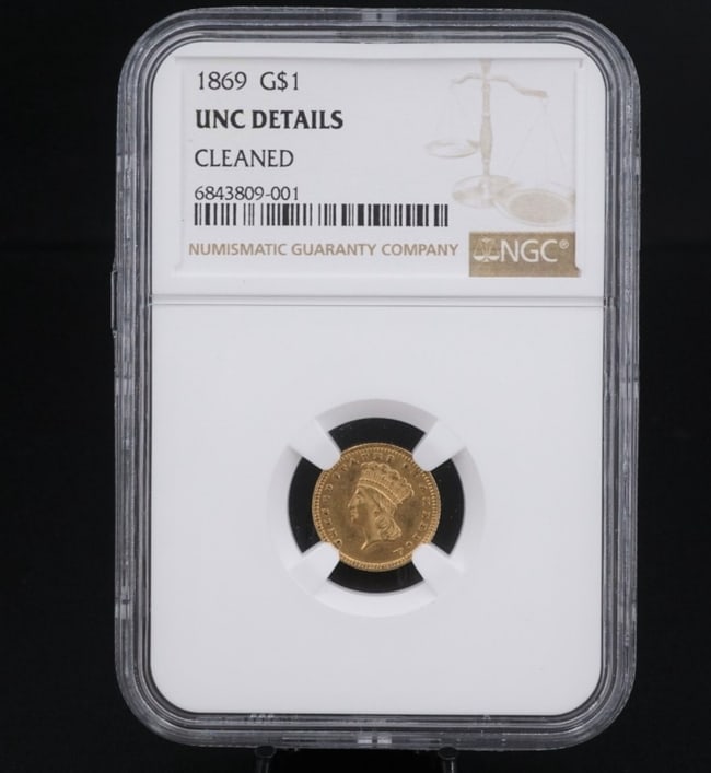 1869 American Gold $1 Dollar Coin NGC Uncirculated Details CN529: This beautiful gold coin was minted in Philadelphia. An amazing collectible coin that will only appreciate in value. Only 5900 minted. Metal Type: 90% Gold Year and Mint: 1869 Philadelphia Condition: 