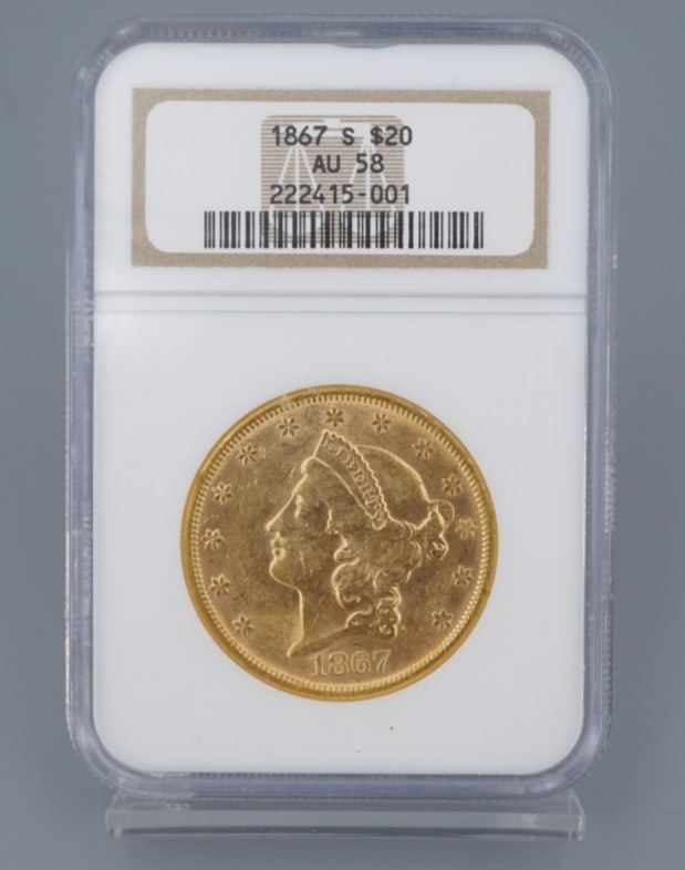1867-S Double Eagle Gold $20 Dollar Coin NGC AU58 Motto CN999: This beautiful gold double eagle coin was minted in San Francisco in 1867. An amazing collectible coin that will only appreciate in value. Only 920,750 minted. Only 34 graded better. Metal Type: 90% G