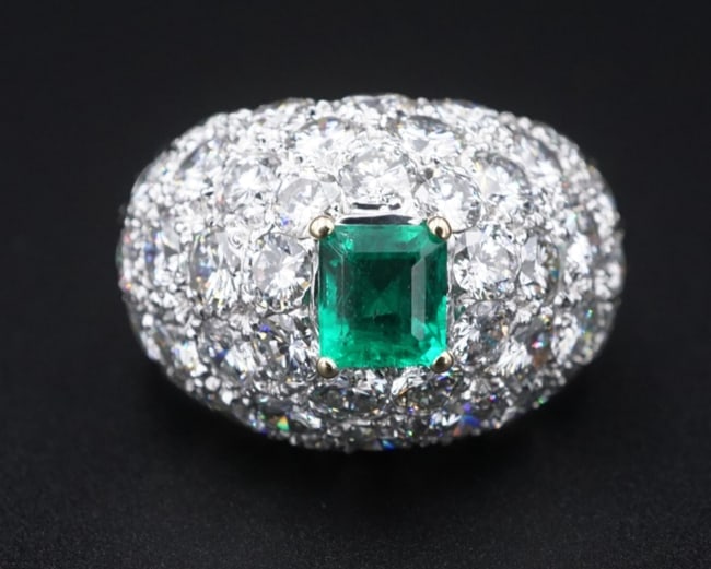 18k Pave Diamond Emerald Dome Ring Platinum 4ctw Sz 7 French Statement RG4192: The stunning ring centers on a vivid natural green emerald atop a tall dome pave set with natural white diamonds. Constructed of 18k white gold, this ring is a timeless and elegant gift for yourself o