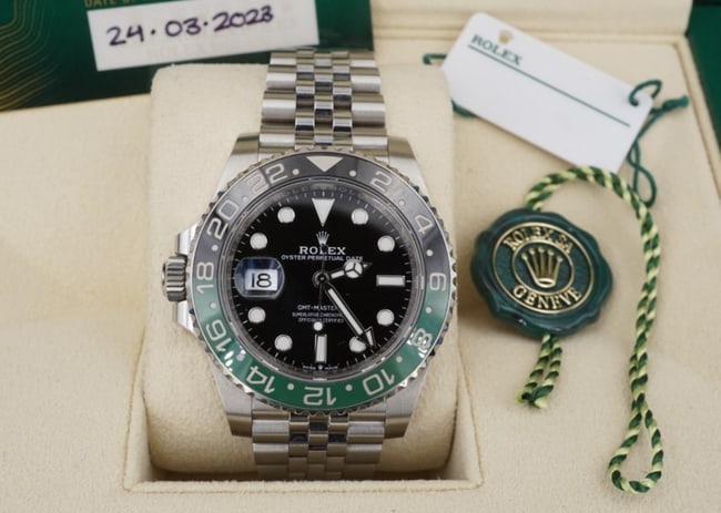 2023 Rolex GMT-Master II Sprite 126720VTNR 40MM Black Jubilee Box Papers W1201: Guaranteed authentic Rolex GMTmaster II "Sprite" variant model 126720VTNR. This classic watch features a solid stainless-steel case, green and black ceramic bezel, jubilee bracelet, Oyster clasp; sapp