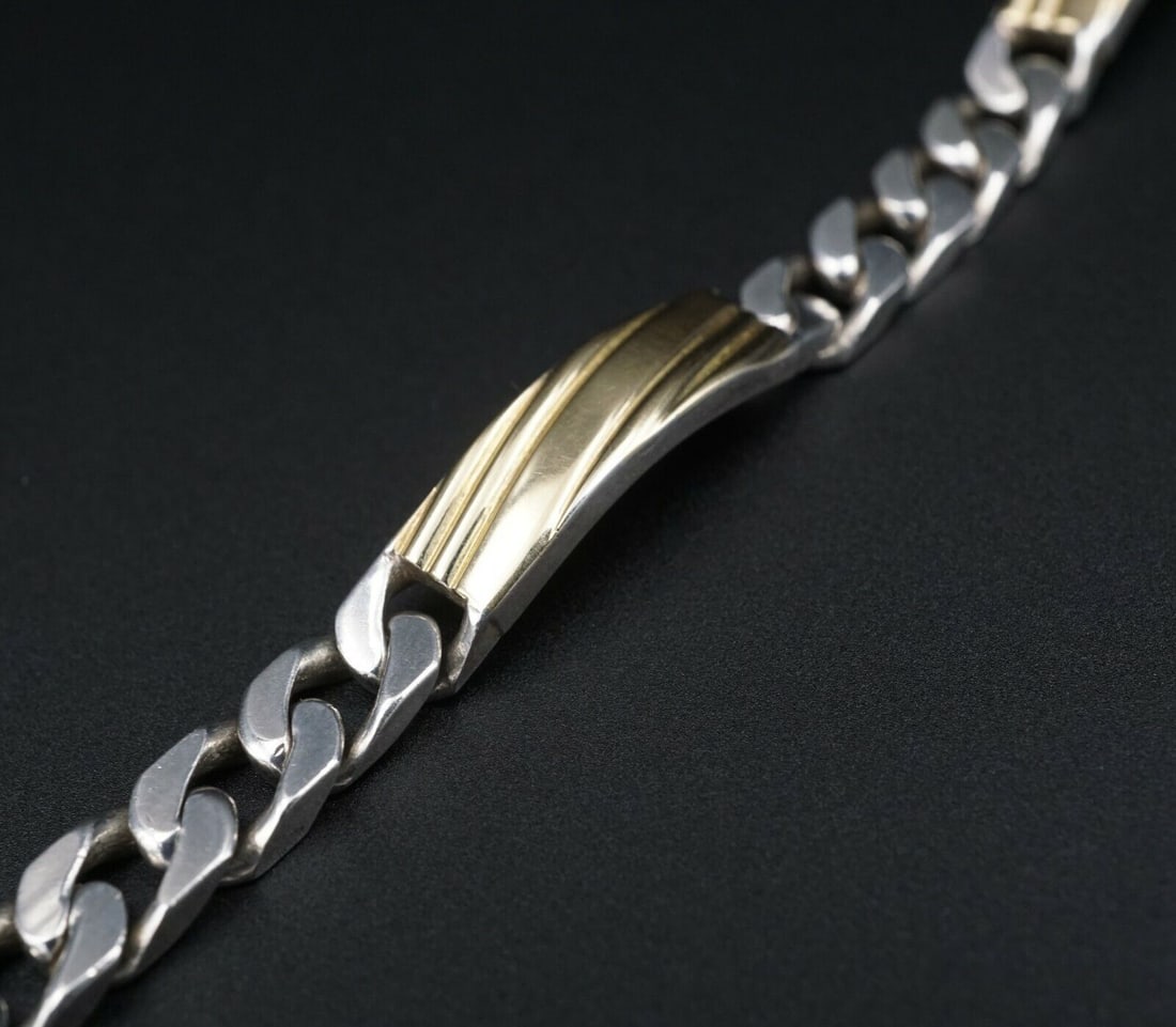 Paracci 18k Gold Sterling Silver Bracelet 2 Tone Curb Link Panel Bar 7" (1 of 7)