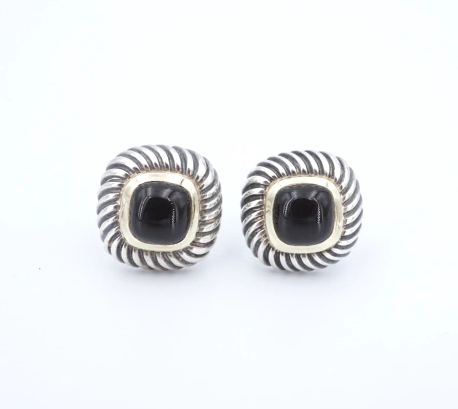 David Yurman 7mm Onyx Albion Stud Earrings Sterling Silver 0.5" 14k Gold: These iconic earrings from designer David Yurman feature a onyx cabochon surrounded by a halo of 14k gold and a cable design crafted in sterling silver. The Albion Collection was David Yurman's innova