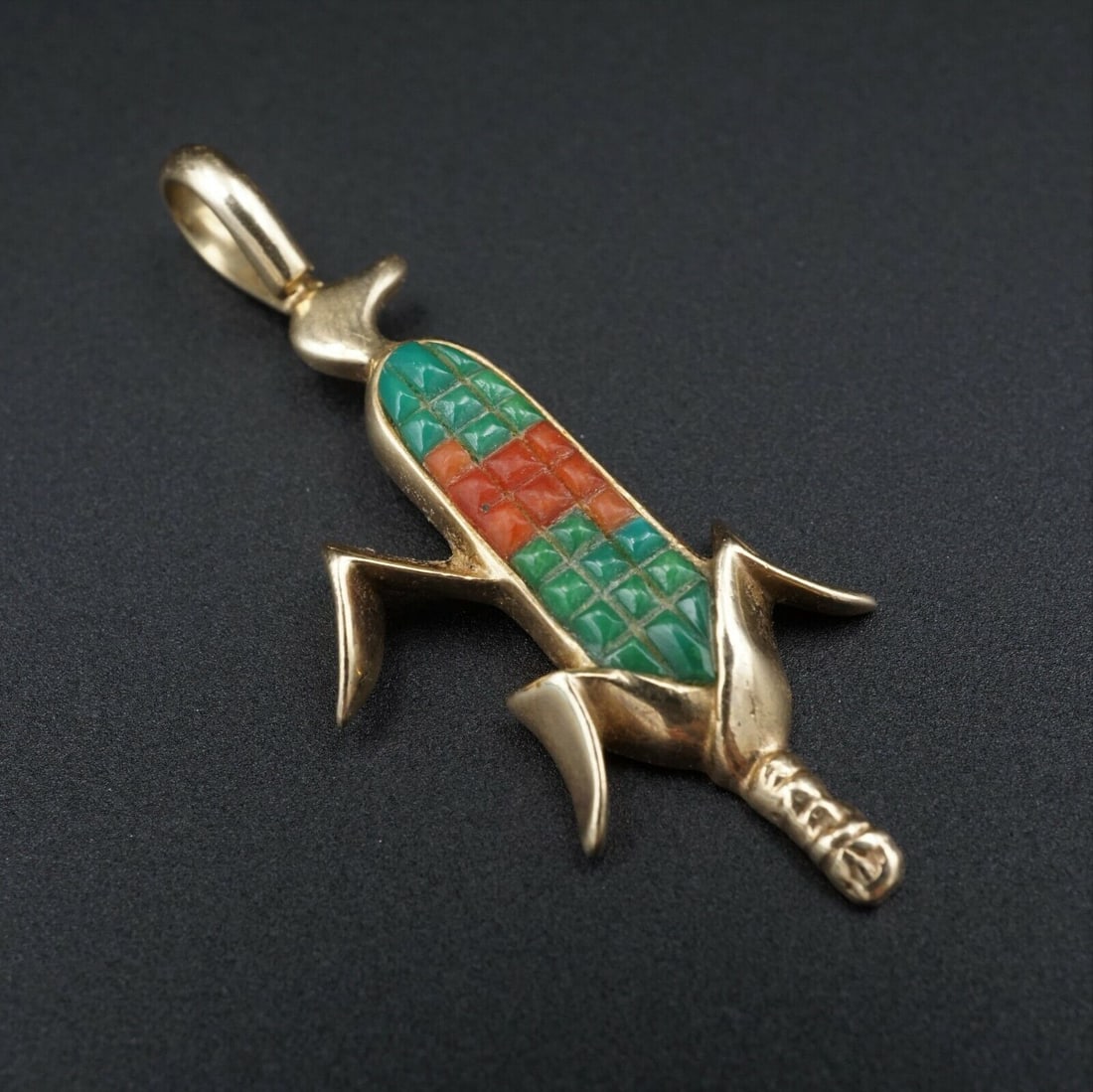 14k Zuni Inlay Corn Pendant Turquoise Coral Yellow Gold Hand Signed D.P. (1 of 5)