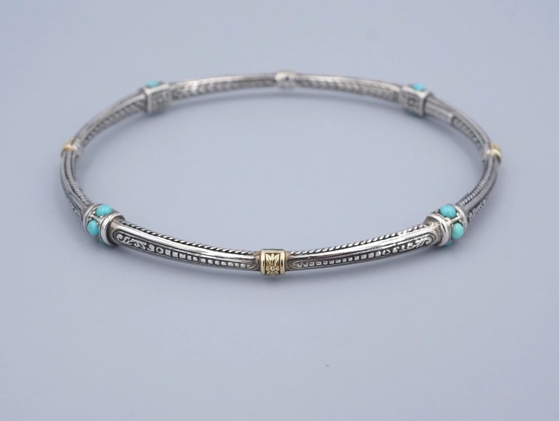 Konstantino 18k Gold Sterling Silver Bangle Bracelet 8.25" Turquoise (1 of 4)
