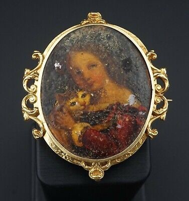Victorian Miniature Portrait Pin Brooch Lady and Cat French 14k Gold 2" (1 of 4)