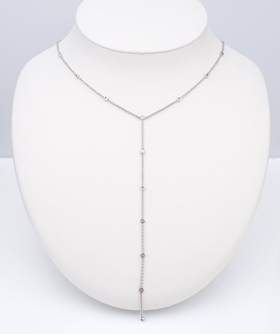 14k White Gold Diamond by the Yard Necklace Y Drop Lariat Pendant 16" (1 of 5)