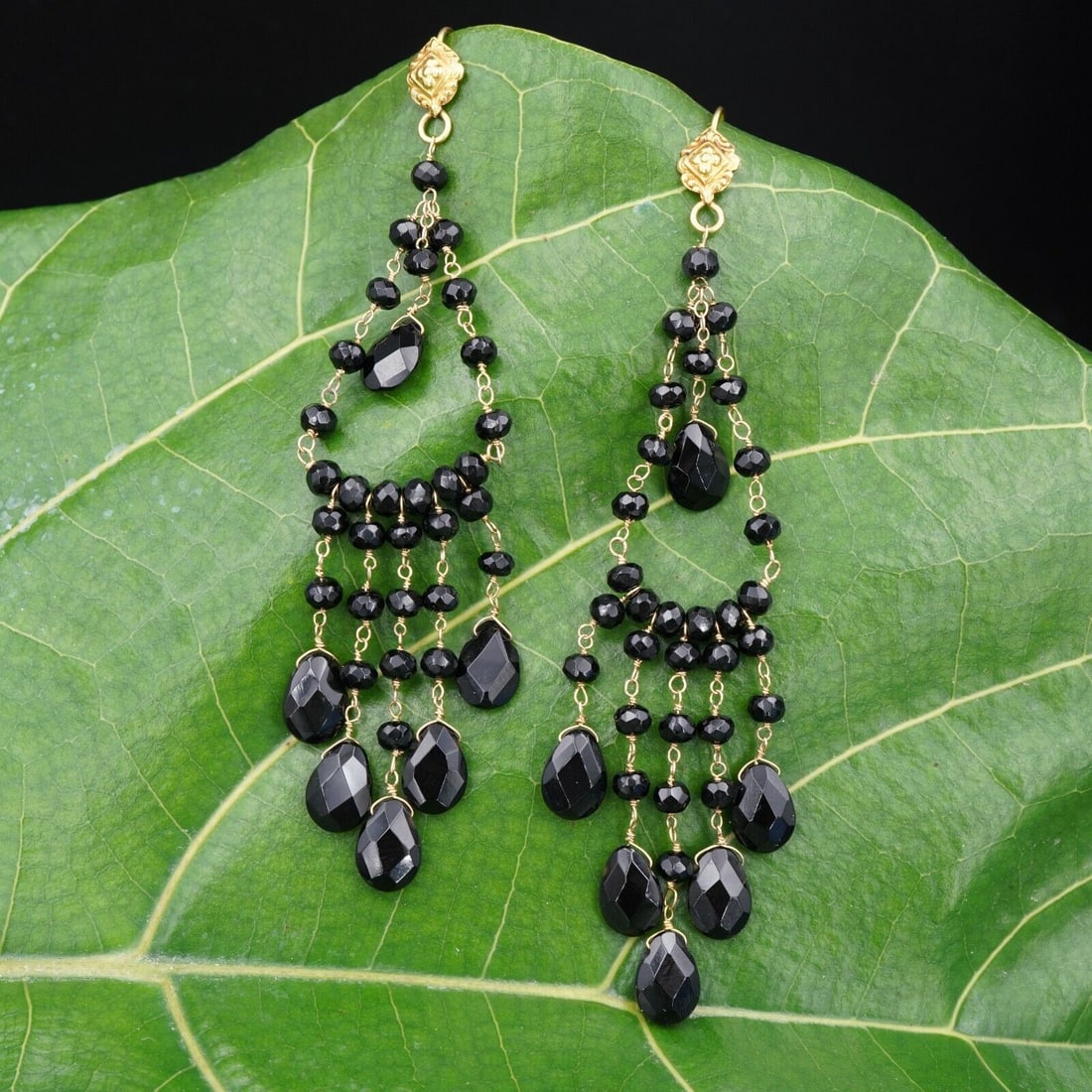 Luxe 18k Yellow Gold Onyx Chandelier Dangle Earrings 3.75" (1 of 2)