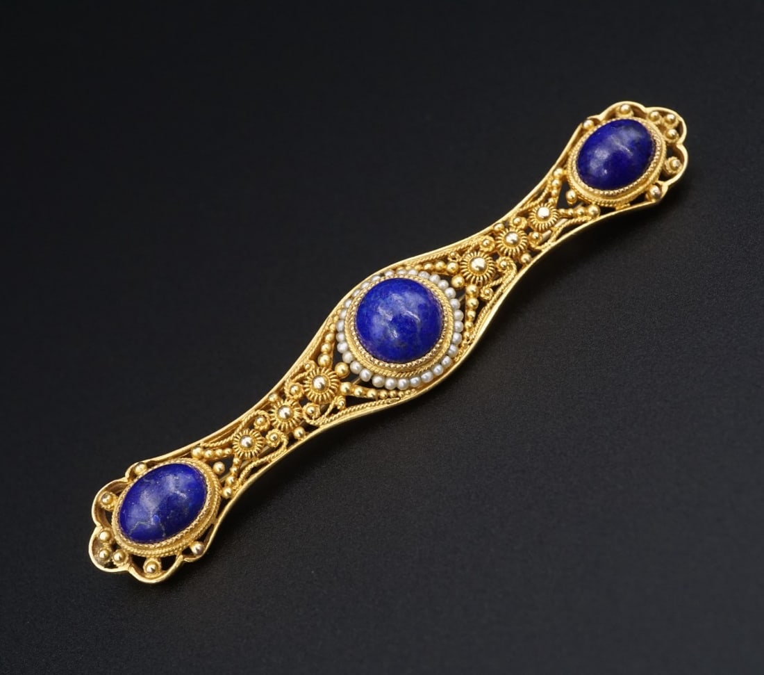 Vintage 14k Lapis Lazuli Bar Pin Brooch Seed Pearl 2.9" Filigree (1 of 6)