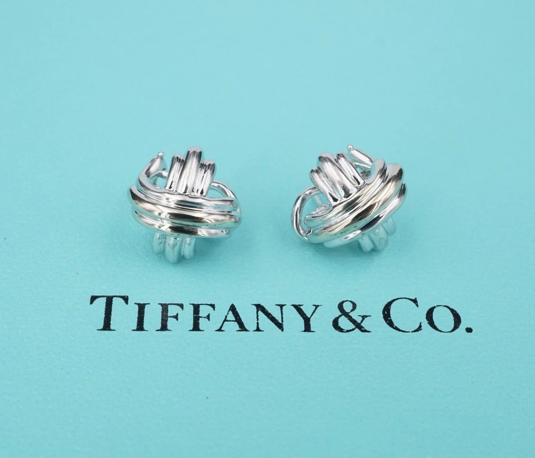 Tiffany Signature X Earrings 14mm 18k White Gold French Clip 3D 8g (1 of 4)