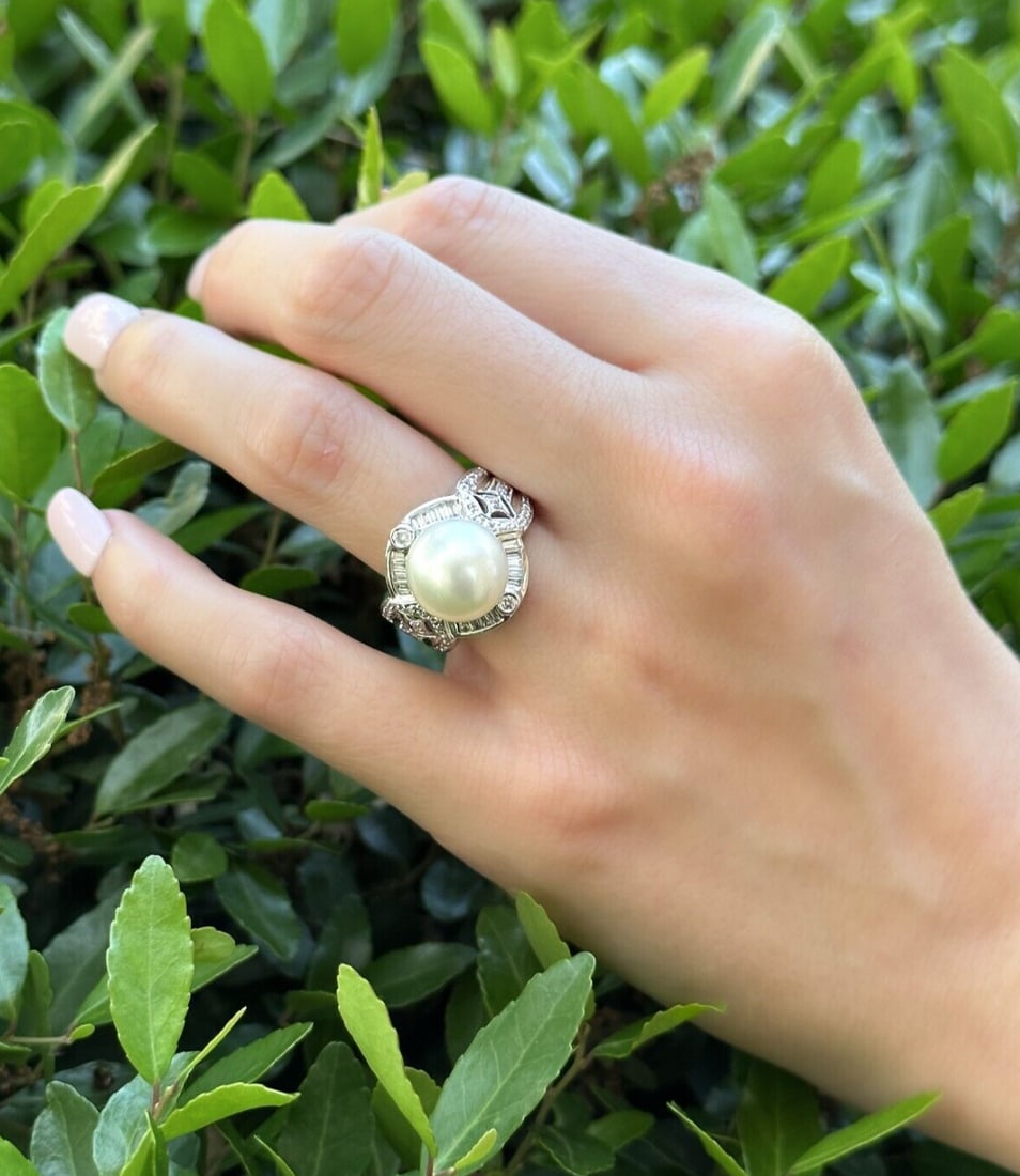 Vintage 18k Diamond Pearl Cocktail Ring Size 7.75 White Gold 11.5 mm (1 of 6)