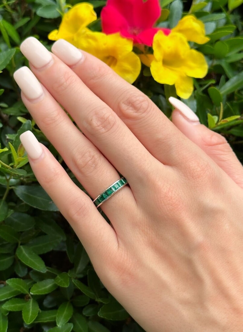 Vintage Platinum Natural Emerald Eternity Band Ring 3 ctw Size 5.5: This stunning vintage ring features vivid green emeralds channel-set in a sleek platinum band. A gorgeous alternative wedding ring, fun right hand ring, or add it to your favorite stack. This is the p