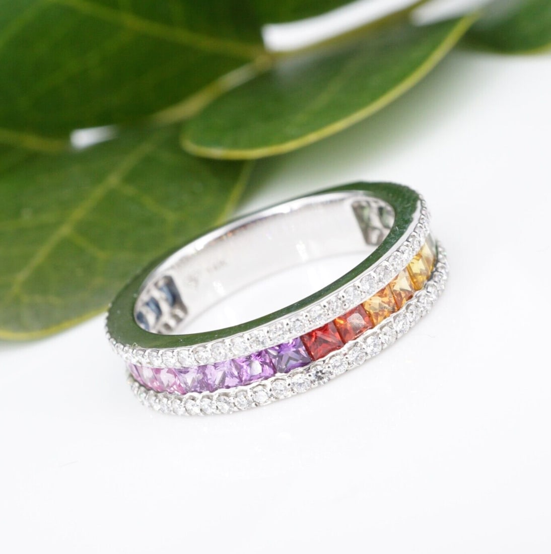 14k Diamond Rainbow Sapphire Band Ring White Gold Size 7.25 NWOT (1 of 12)
