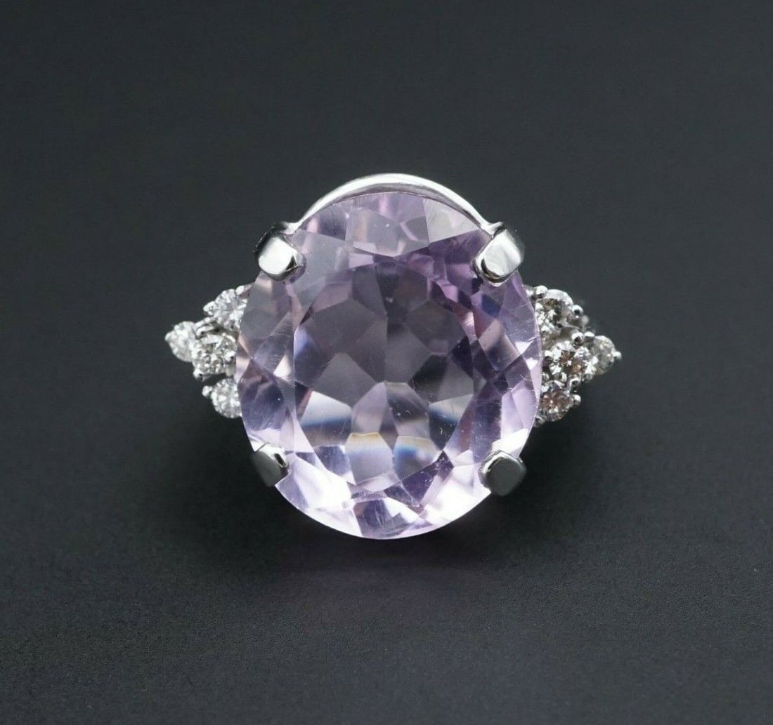 10 Carat Morganite Diamond Cocktail Ring White Gold Statement Size 5: This gorgeous statement ring features an oval-cut lavender/ pink morganite accented by a trio of natural diamonds on each shoulder. All set in solid 18k white gold. A truly stunning cocktail candy rin