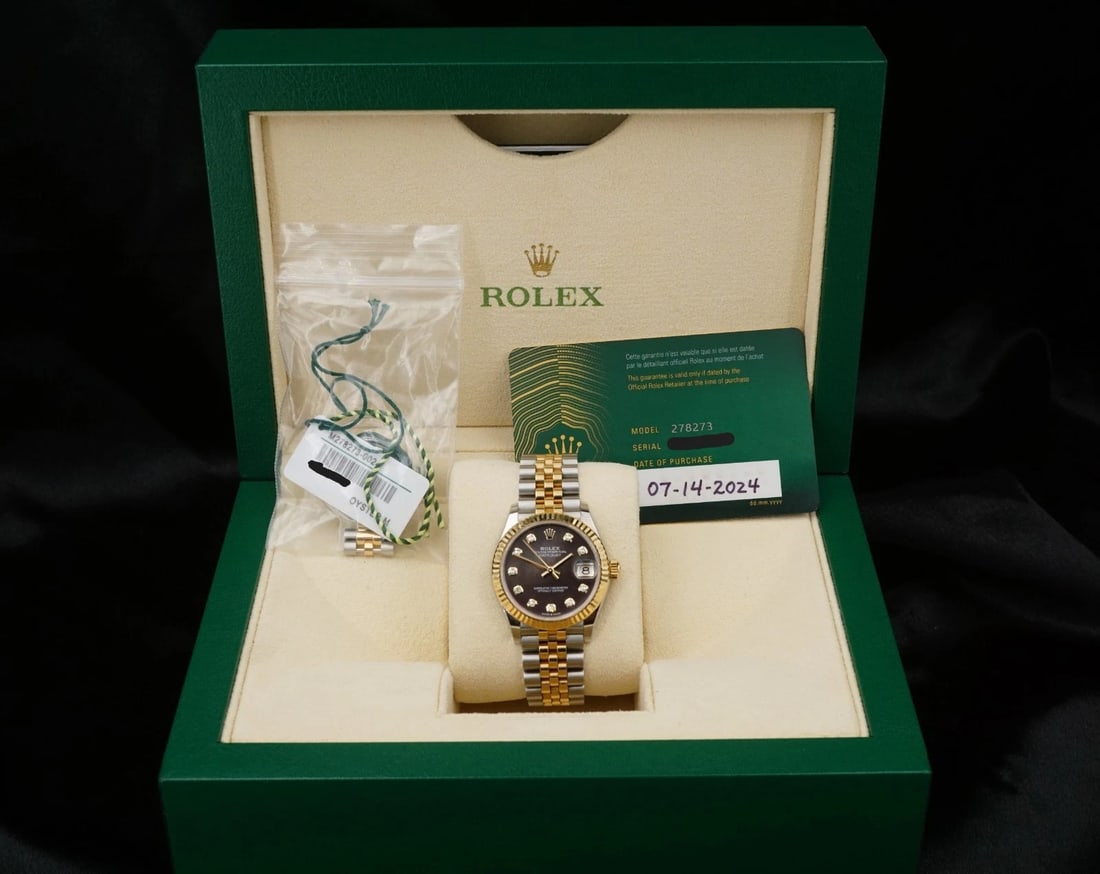 Rolex Datejust 31mm 2024 278273 Jubilee Fluted Black MOP Diamond Box Card: Guaranteed authentic Rolex DateJust model 278273. This classic watch features a two-tone 18k yellow gold with stainless-steel case, jubilee link bracelet, sapphire crystal with date bubble, and dark m