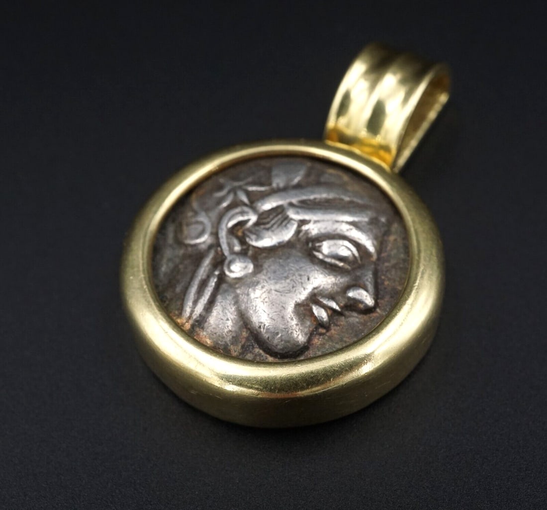 18k Gold Pendant Ancient Silver Coin Attica Tetradrachm Athena Owl 440BC (1 of 5)