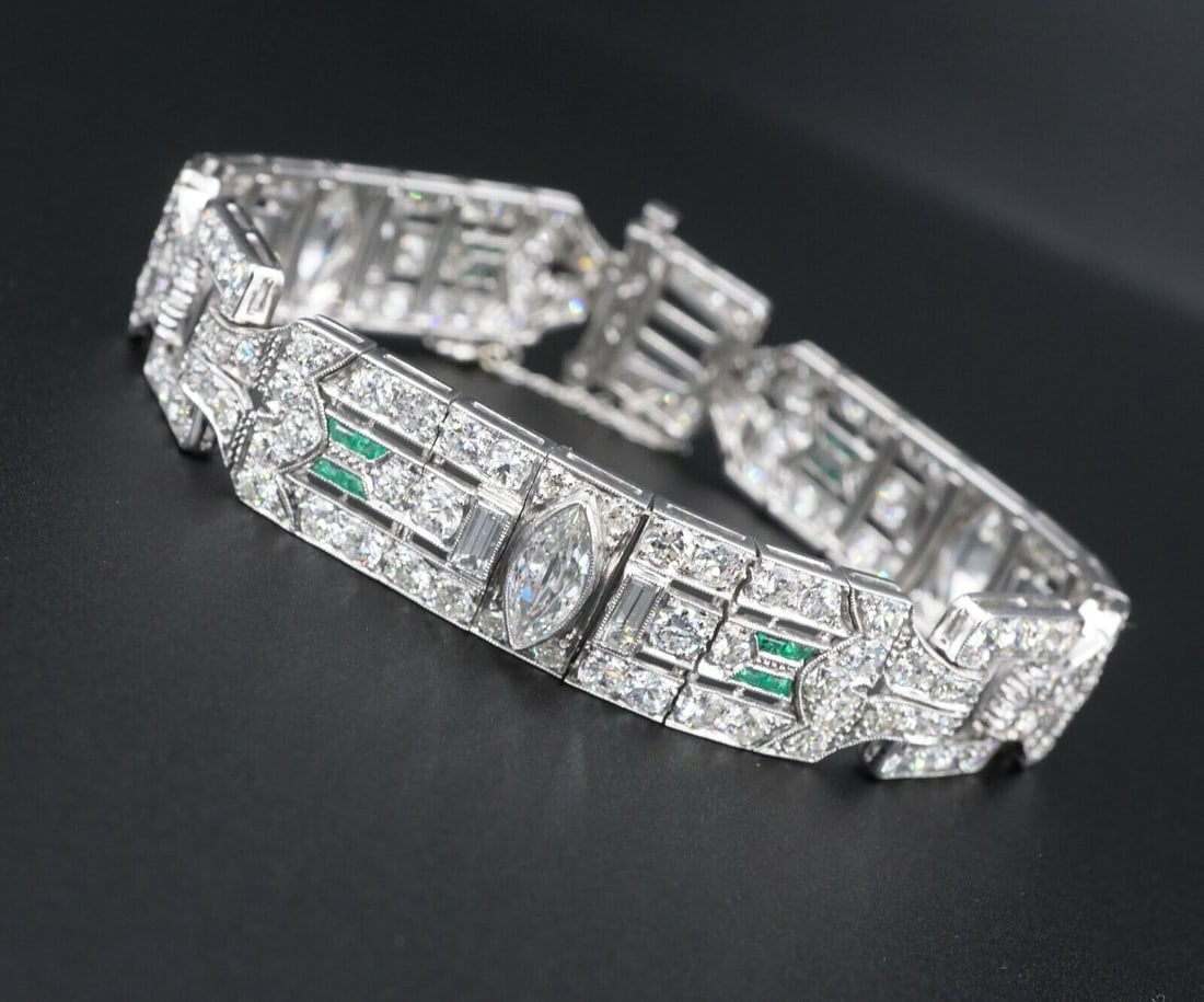 Antique Art Deco Diamond Bracelet Platinum 14 carat Emerald 7.25": This gorgeous bracelet is a true vintage treasure, with over 14 carats of beautiful natural diamonds and emerald accents and ornate Tiffany style square open panels. All crafted of solid platinum. The