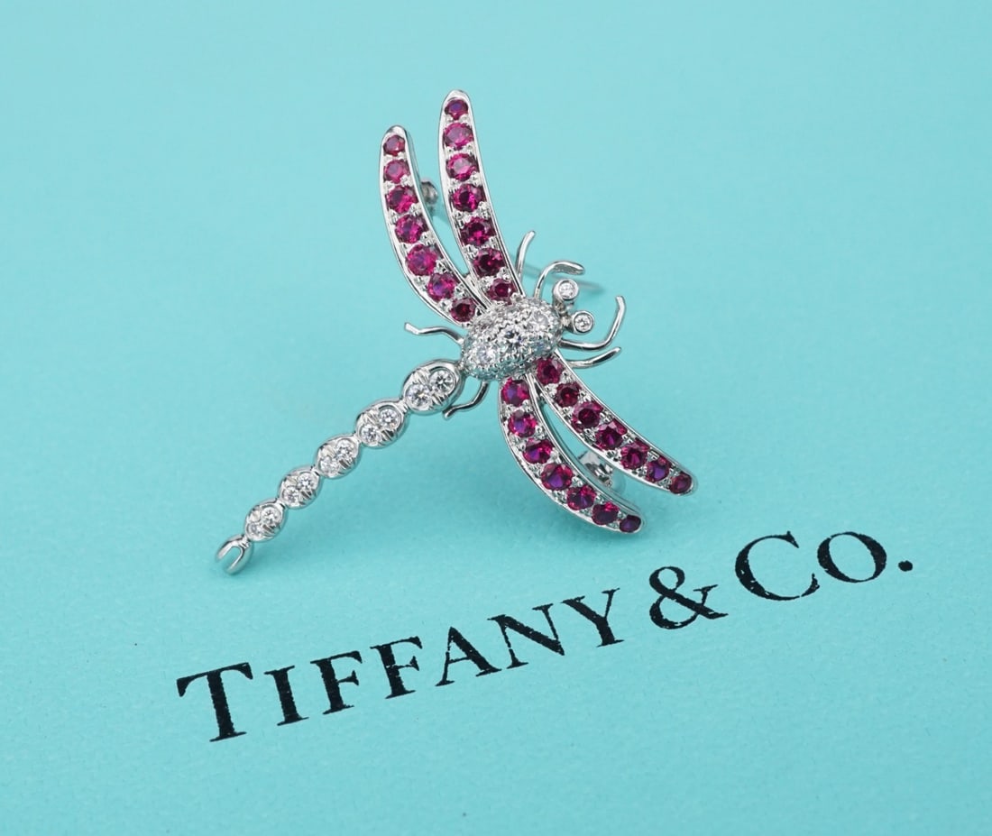 Tiffany & Co Enchant Dragonfly Platinum Ruby Diamond Pendant Brooch (1 of 5)