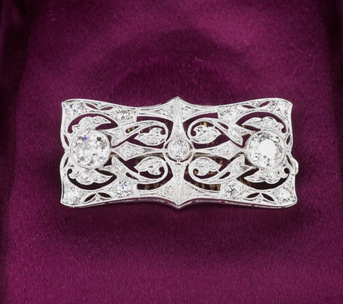 Belle Epoque Platinum 3ctw Diamond Ribbon Scroll Brooch Combes & Van Roden (1 of 6)