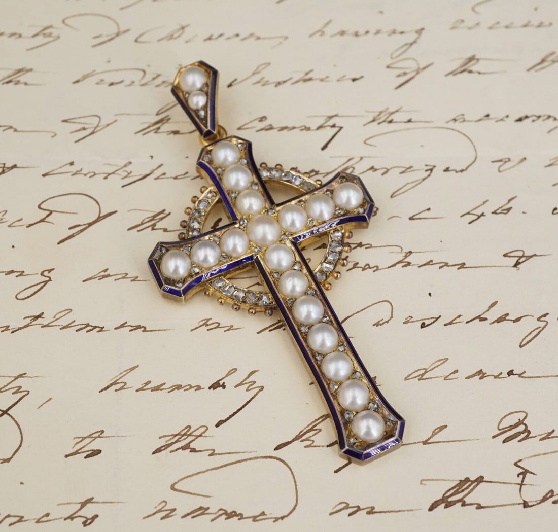 1870's Henry Tessier 18k Natural Pearl Diamond Enamel Cross Pendant w Box: A true museum find. From court jeweller Henry Tessier, circa 1870, featuring stunning natural pearls framed with old mine cut diamonds and lined in blue enamel a display of Tessier's renowned craftsma