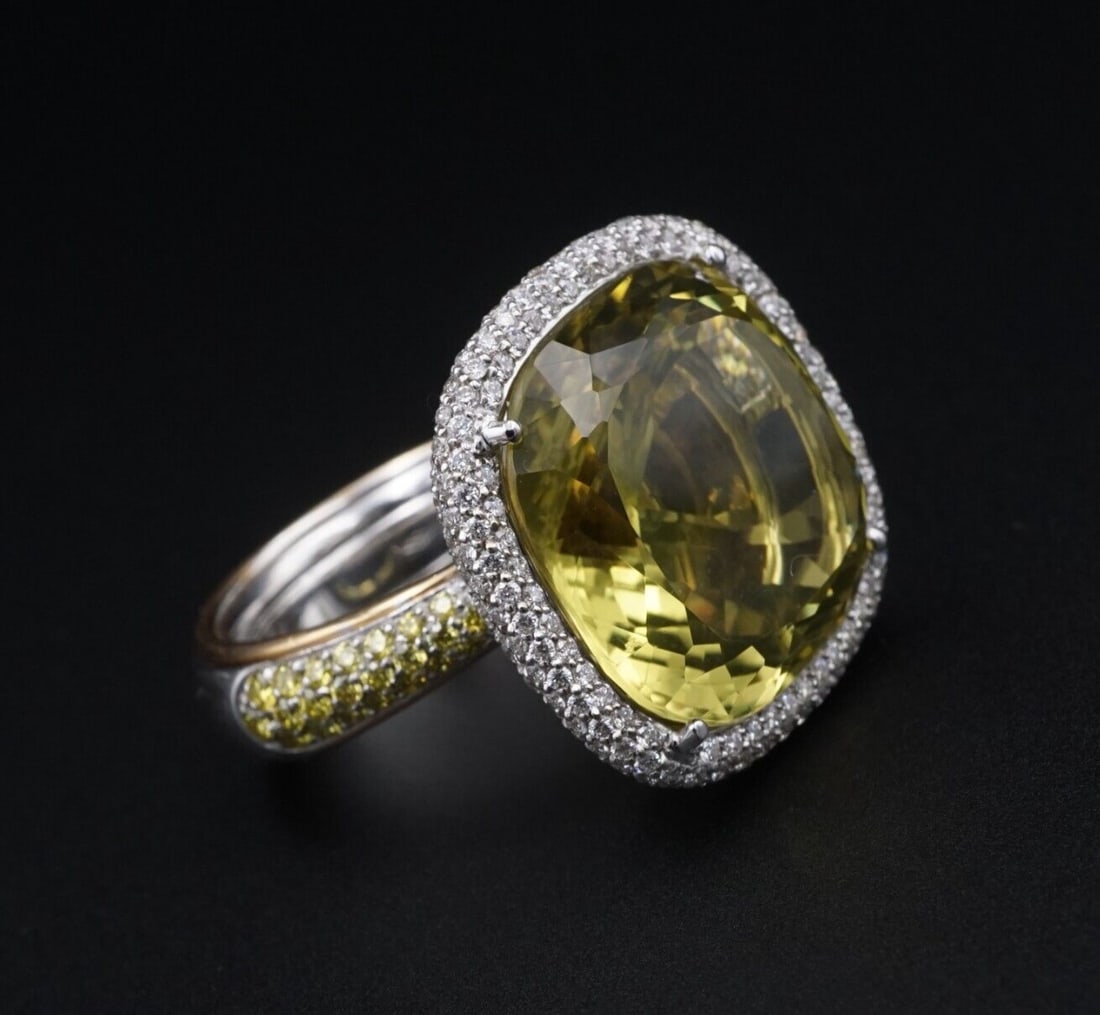 18k Palmiero 20ct Green Beryl Yellow Diamond Halo Cocktail Ring Size 7.5 RG4318: This beautiful, modern ring features a nearly 20 carat natural cushion cut beryl surrounded by a pave diamond halo hovering above a second pave halo. The design features additional natural yellow diam