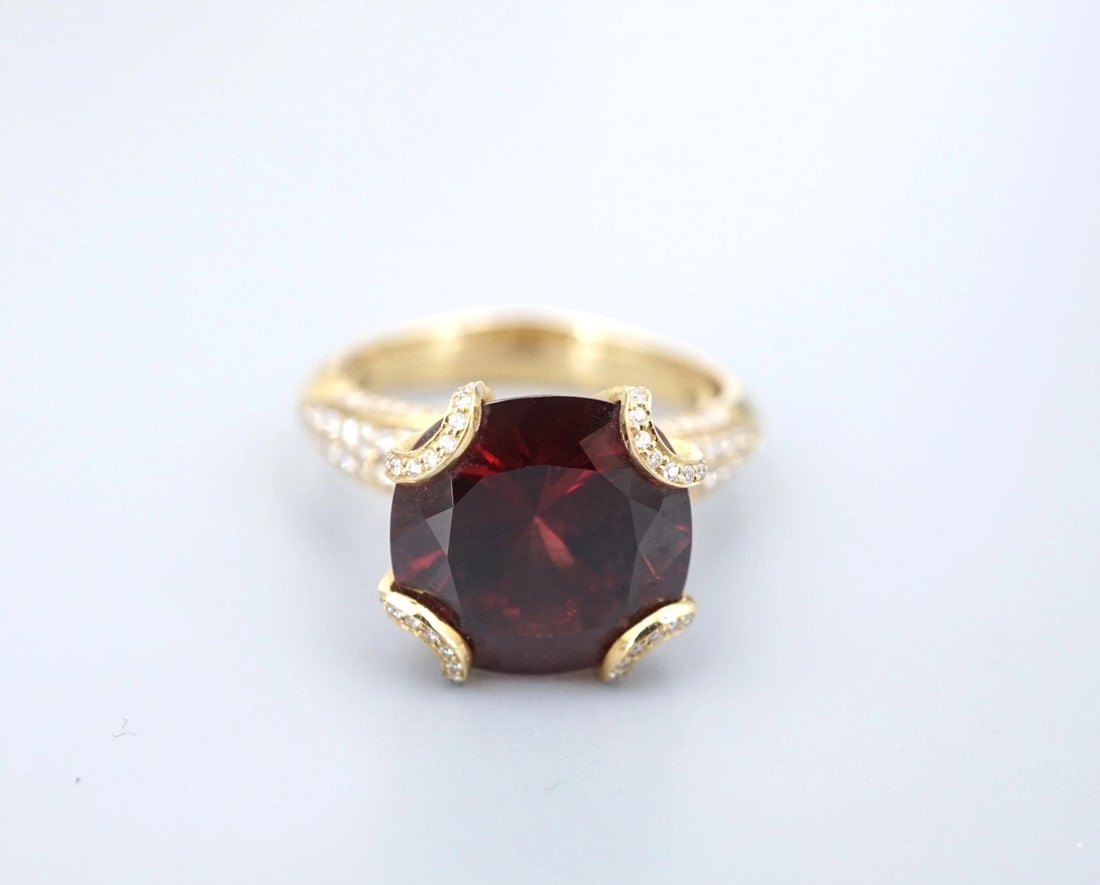 Kat Florence 18k Gold Red Zircon Diamond Cocktail Ring 10 carats Size 8.5 CO1297: This stunning ring from designer Kat Florence, centers around a natural red zircon. The luxe red stone is highlighted by sparkling pave diamond curved prongs. All set high atop a tapered 18k yellow go