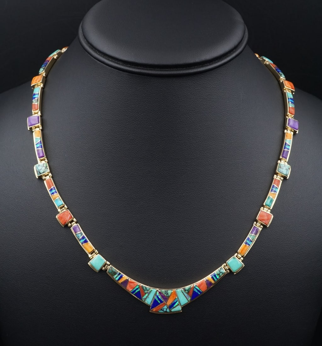 Calvin Begay 14K Gold Navajo Inlay Necklace Turquoise Coral Opal 18" CO1262