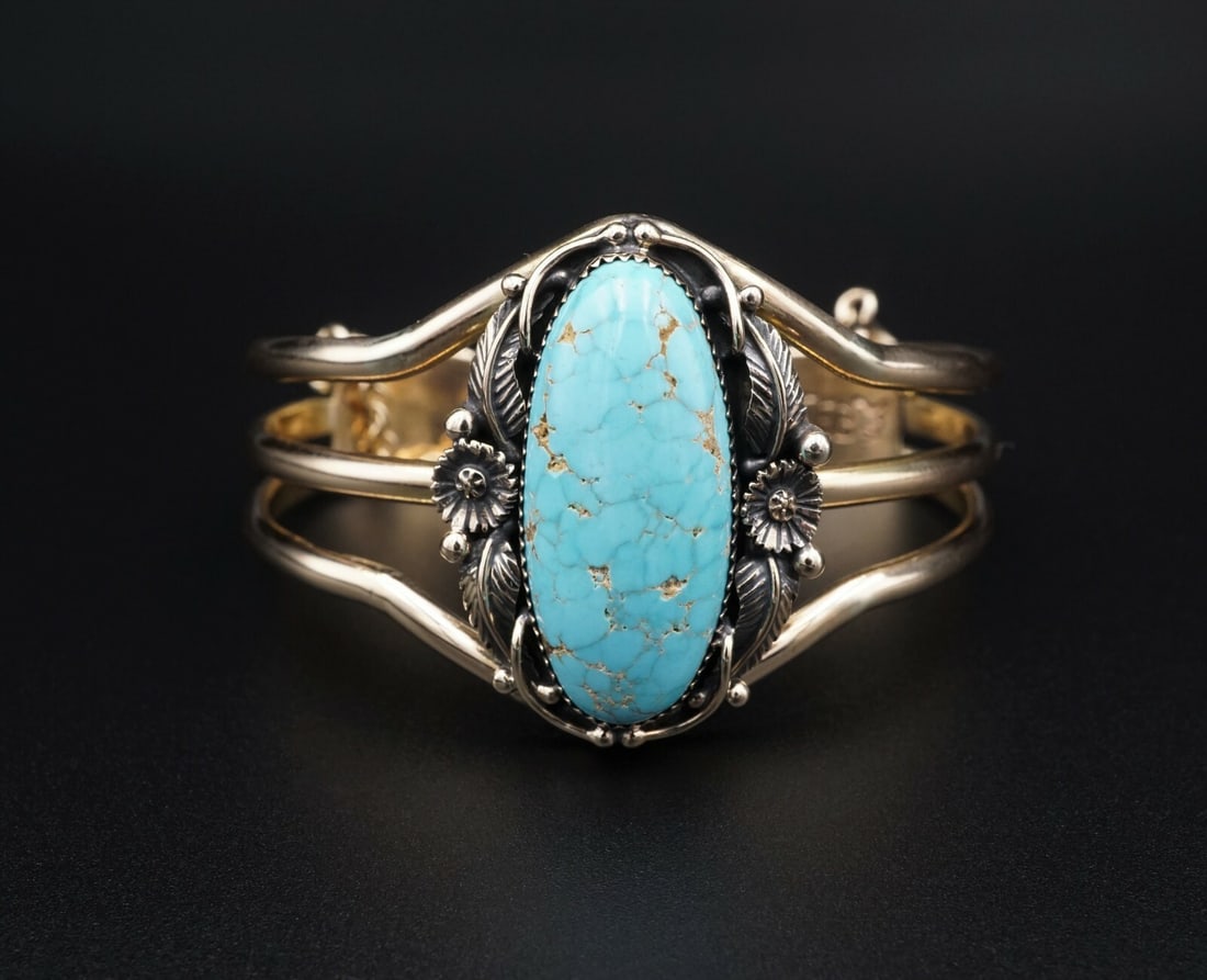 Navajo Emil Benally Vintage 14k Yellow Gold Turquoise Cuff Bracelet 6.25" BG414 (1 of 7)