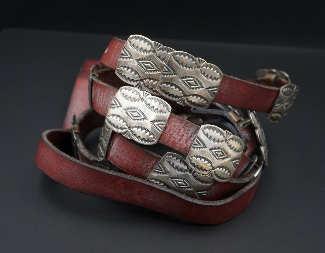 Navajo Andy Cadman Sterling Silver Leather Concho Belt 38" Stamped M1210 (1 of 5)