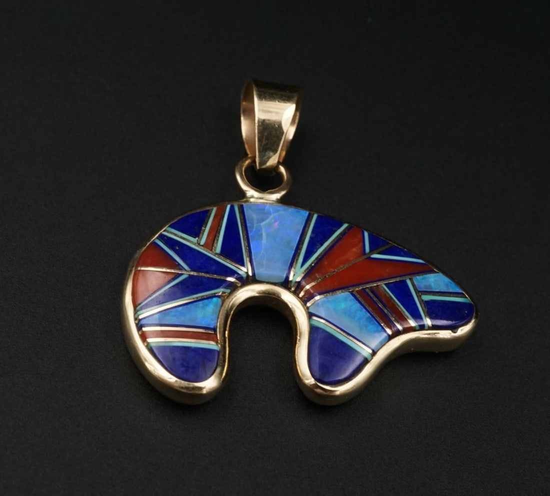 Southwestern 14k Spirit Bear Gemstone Inlay Pendant Yellow Gold 1.3" 11g PG2205