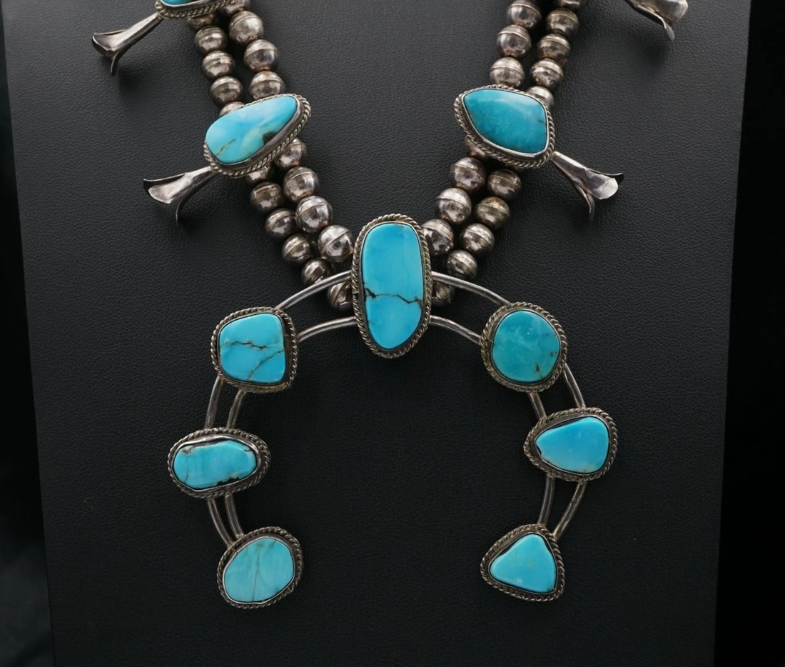 Vintage Navajo Squash Blossom Necklace Blue Turquoise Sterling Silver 25" NS2436 (1 of 4)