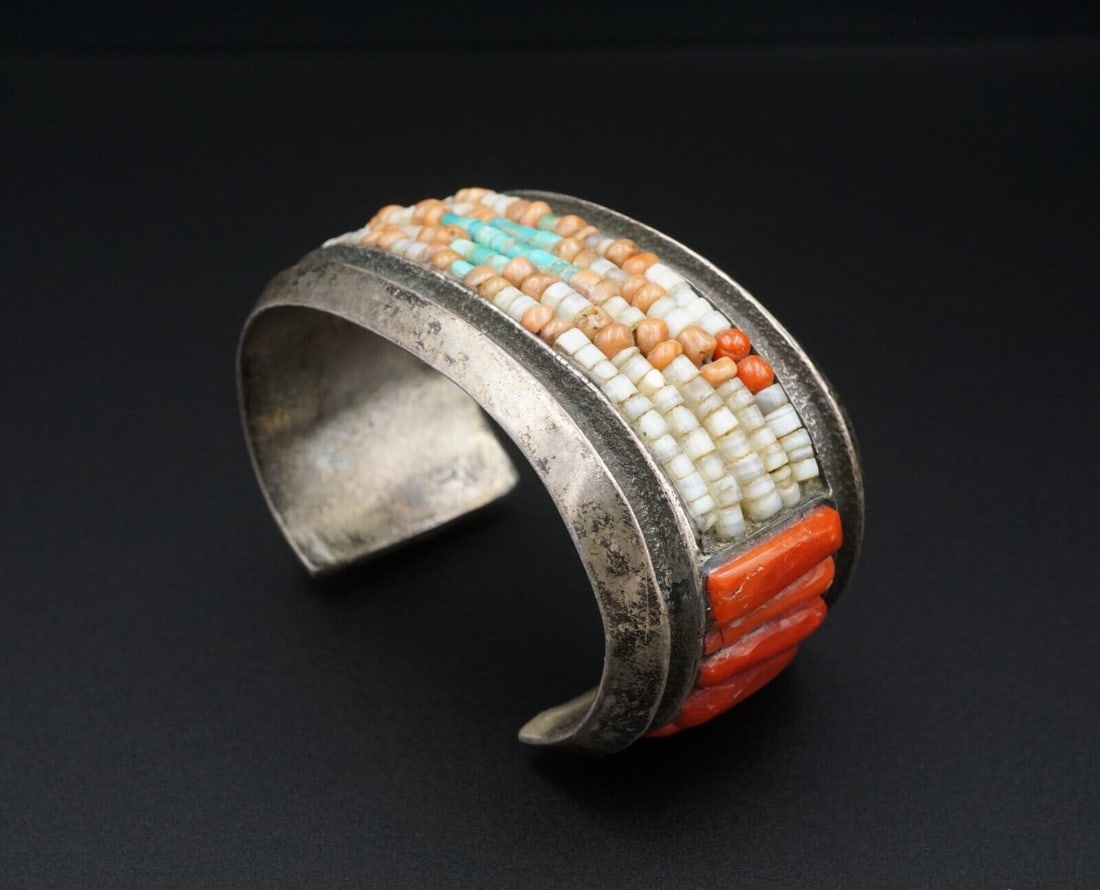 Anglo John Hornbeck Sterling Silver Coral Cobble Inlay Cuff Bracelet 6.5" BS2600: This Amazing cuff bracelet is sure to make a statement. It features five rows of inlay beads accented with bold coral cobbles and all set in heavily patinaed sterling silver. A true collector's piece 