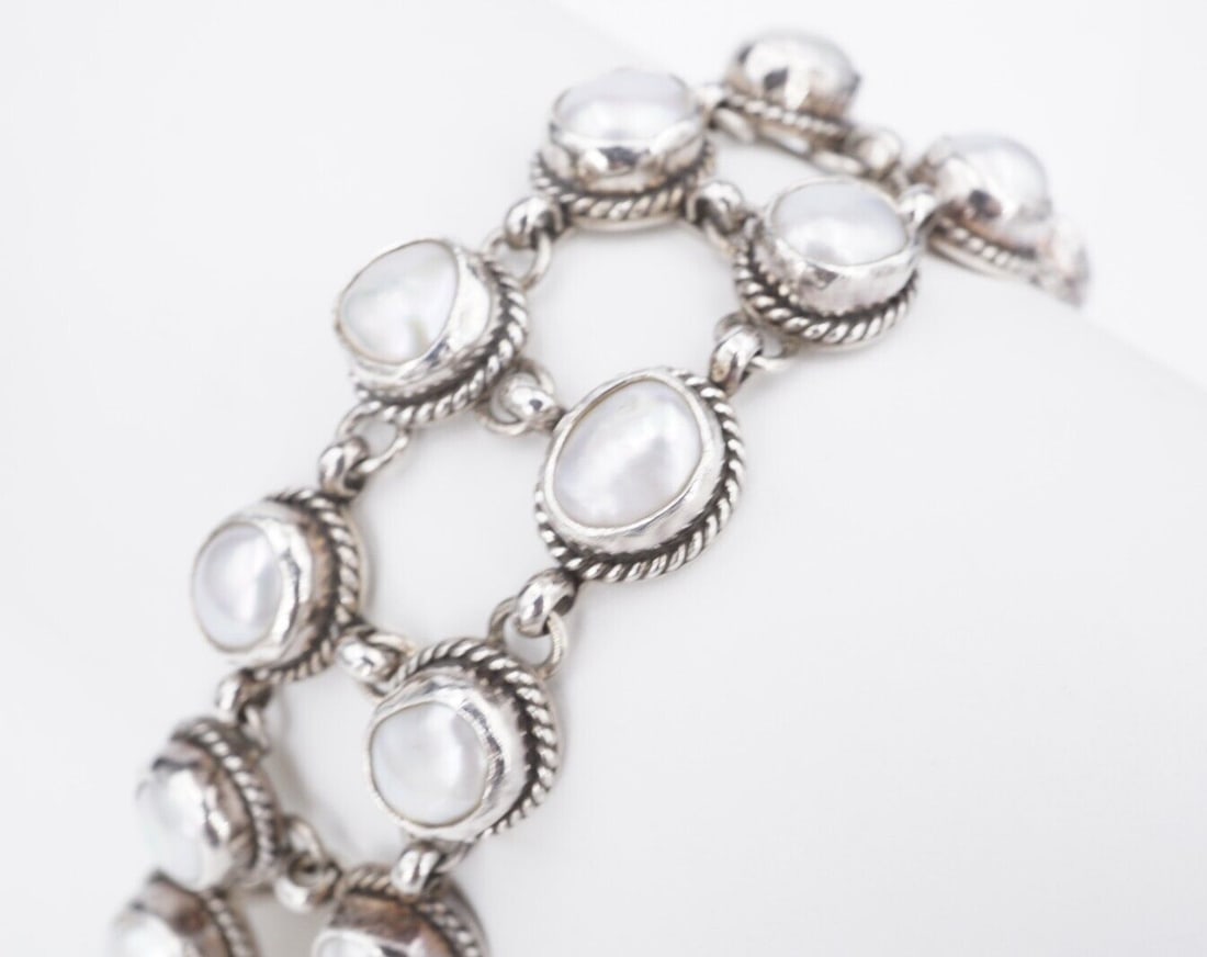 Unique Joan Slifka Sterling Silver Articulated Pearl Panel Bracelet 6.75" BS2872 (1 of 4)