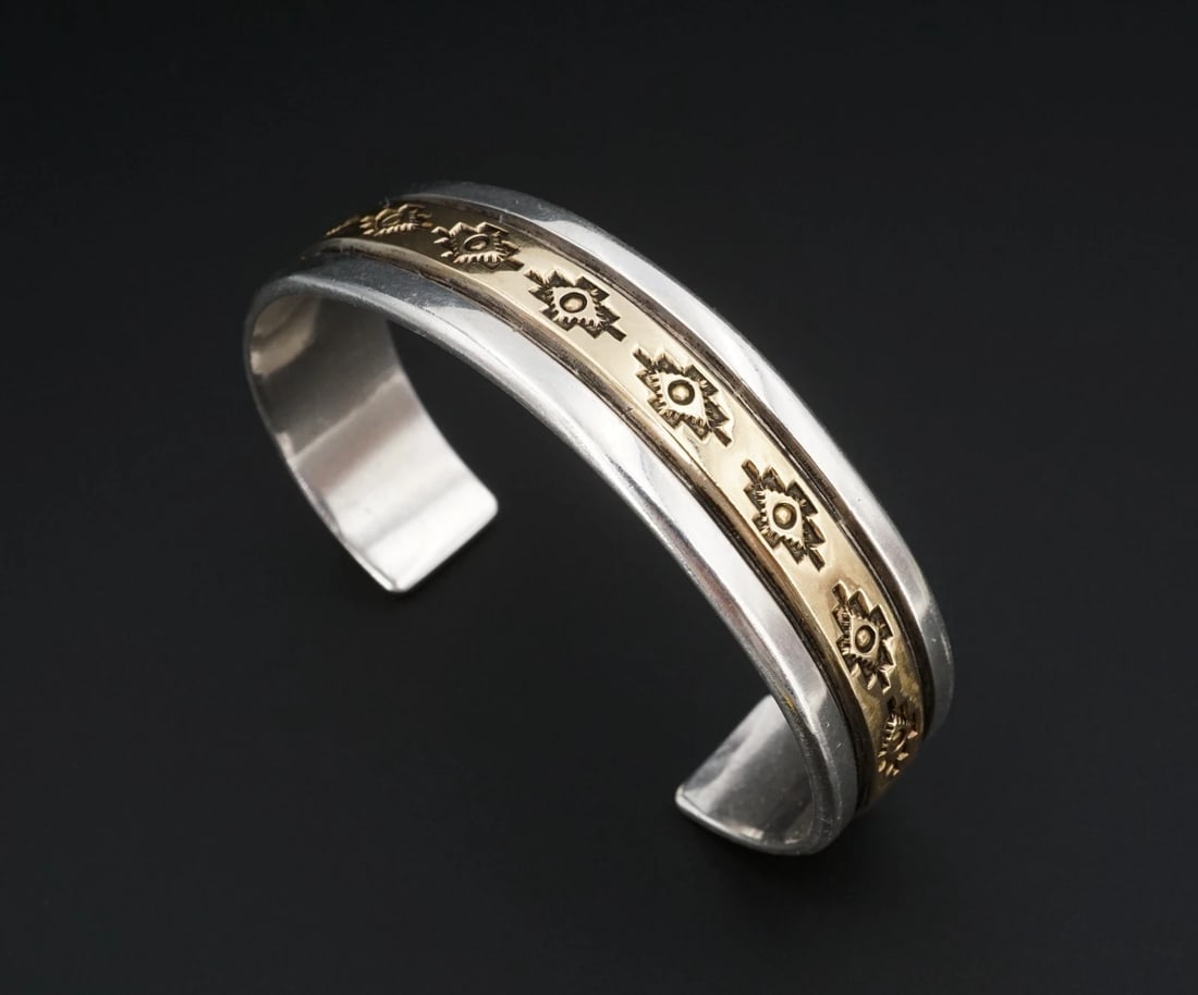 Troy Lamer 2-Tone Overlay Cuff Bracelet Sterling Silver 14k 6.5" Navajo BS3258 (1 of 6)