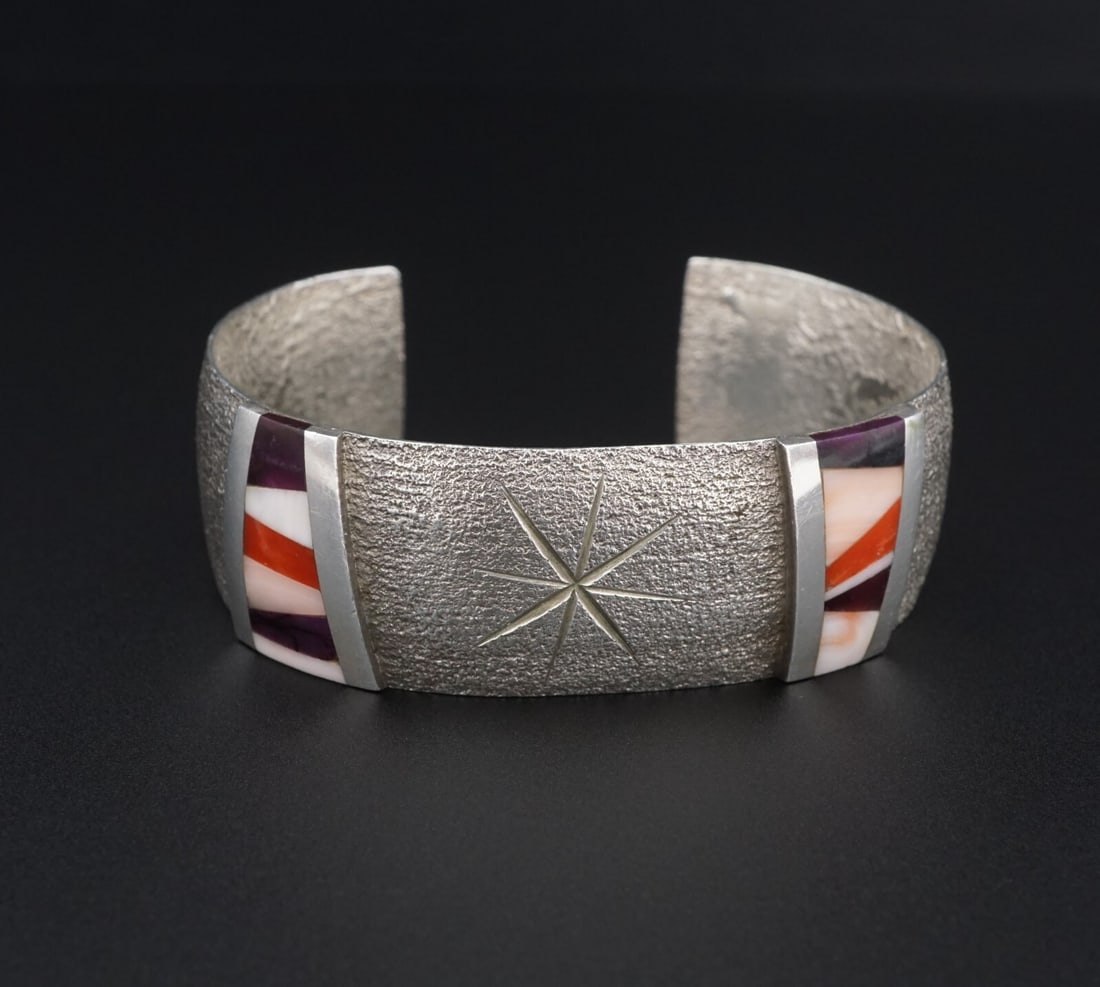 Tufa Cast Sterling Silver Multi-Stone Inlay Cuff Bracelet 6.5" Signed JAB BS2983 (1 of 5)