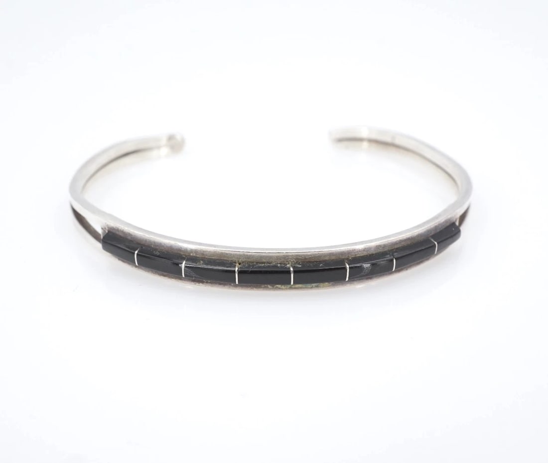 Signed ALW Onyx Inlay Sterling Silver Cuff Bracelet 6.25" Zuni BS3160 (1 of 3)