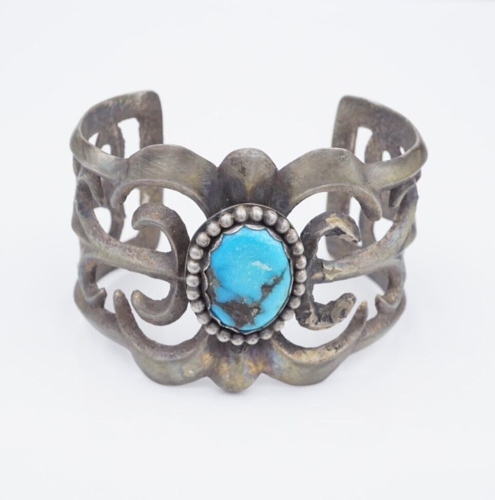 Vintage Navajo Turquoise Cuff Bracelet Sandcast Sterling Silver 6.75" BS2928 (1 of 5)