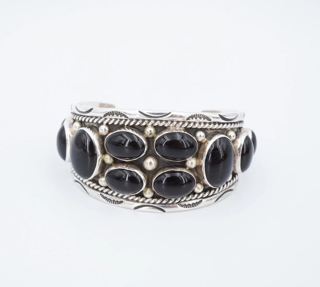 Ben Yazzie Onyx Cuff Bracelet Sterling Silver Statement 6.5" Navajo BS3221 (1 of 4)