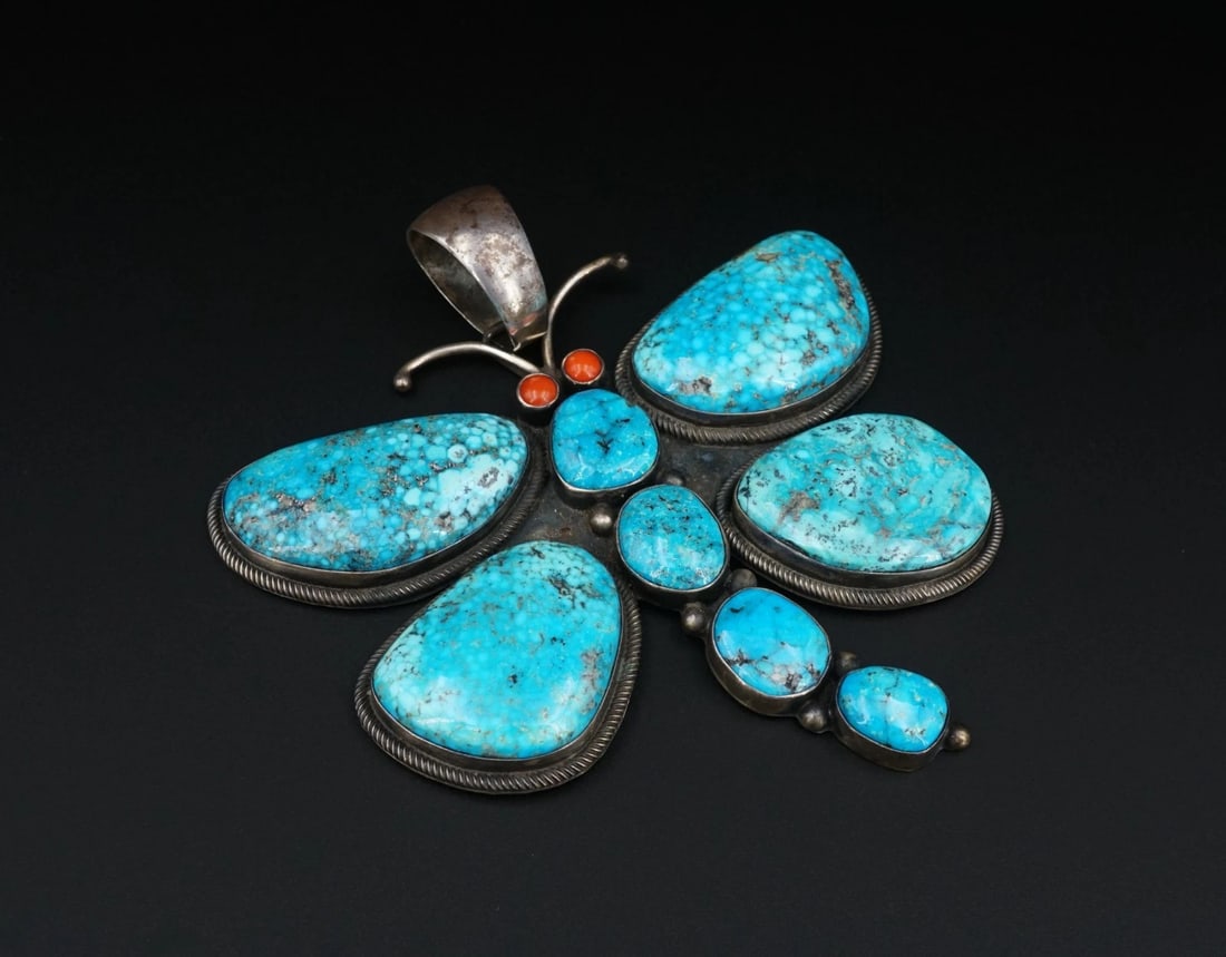 Darren Livingston Navajo Turquoise Butterfly Pendant Sterling Silver 3.7" PS2358: Designed by Navajo artist Darren Livingston, this pendant features bezel set turquoise cabochons forming a large butterfly. All crafted in solid sterling silver. A great look that is sure to be an eve