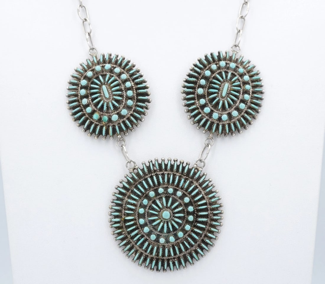 Vintage Zuni Turquoise Pendant Necklace Sterling Silver Petite Point 24?? NS2365: This beautiful pendant necklace is set with petite point turquoise set in three solid sterling silver disc stations. The entire pendant measures around 2" in diameter. The old natural patina on this n