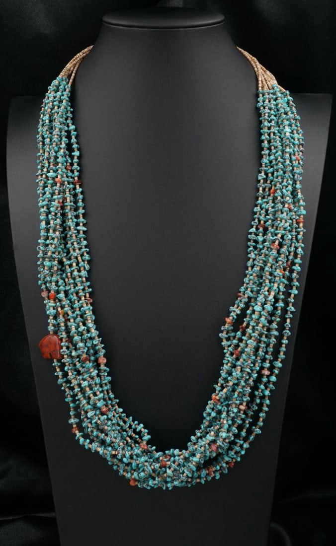 Estate Multi Stand Turquoise Coral Heishi Shell Necklace 30" Carved Bear NS2467: From an old Arizona estate, this beautiful necklace features a multi row construction of alternating turquoise, coral, and heishi sell, accented with a jasper fetish bear. It is completed with a sterl